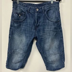 Blue Jean faded shorts (Jorts) below the knee fit. Fun and sporty.